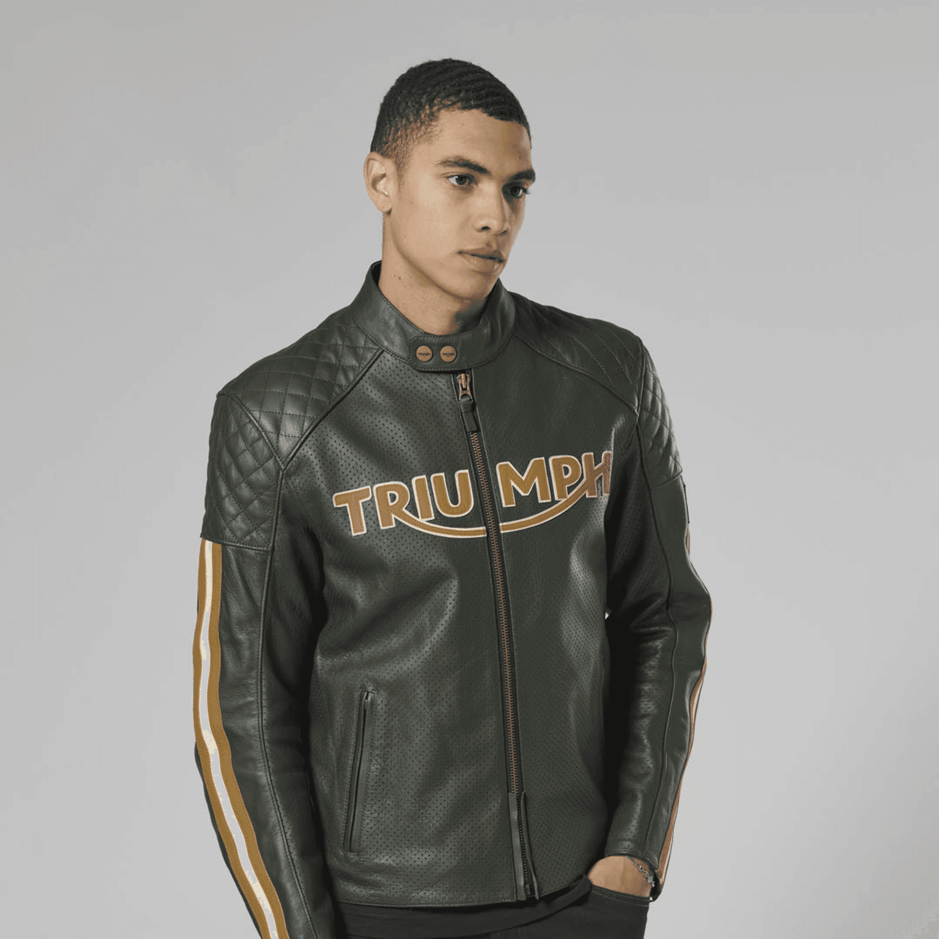 Campera Moto Cuero Con Protecciones Verde Braddan Triumph